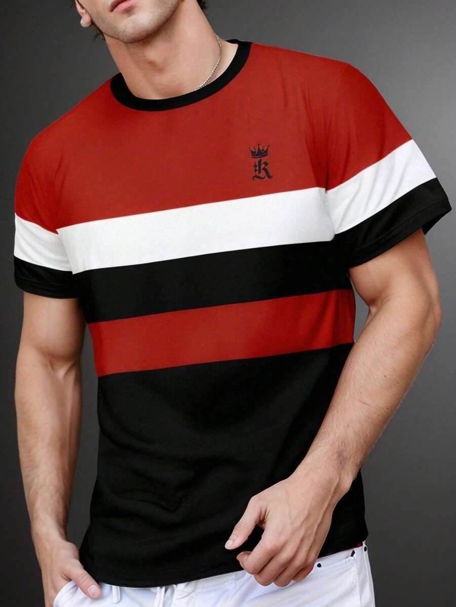男士时尚条纹印花休闲运动短袖 T 恤