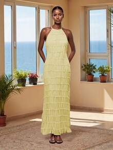 Women's Ruched Bodycon Long Dress Sleeveless Backless Solid Color Dress Cocktail Party Dress - Yellow - View 8