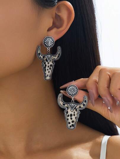 1 paio di orecchini retrò in stile europeo e americano con stampa leopardata e corna di bue, orecchini oversize, unici e alla moda