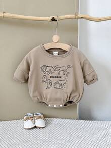 INS 婴儿男女童休闲恐龙刺绣棕色长袖连体衣，春秋季