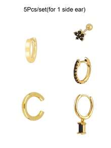 5件套耳环套装女镀金耳夹黑锆石耳钉耳环圈形耳环吊坠耳环女时尚珠宝配饰 - 5Pcs/set(1 side ear) - 查看 3