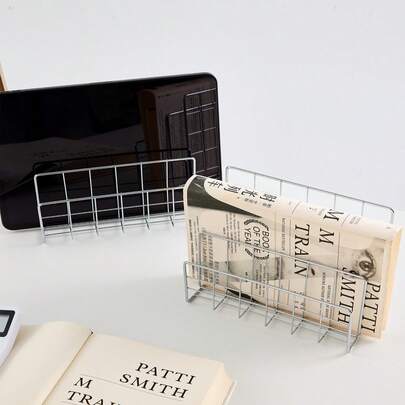1pc Modern Minimalist Metal Book Shelf With 3 Storage Baskets, Nordic Style Rectangular Magazine & Newspaper Organizer Box For Home Office Decor,For Back To School