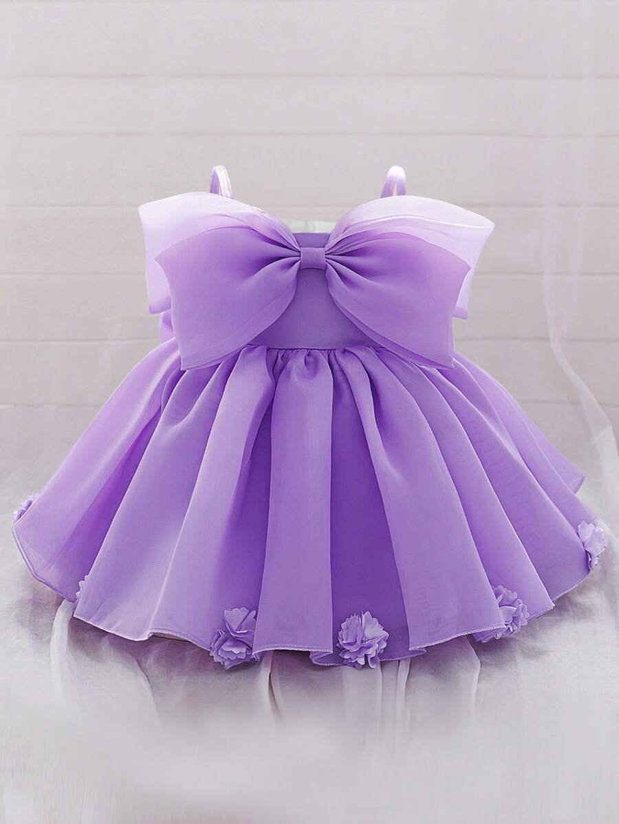 女婴吊带蝴蝶结薄纱可爱花童公主裙，适合一周岁生日、婚礼、派对等场合，不含头饰 - 淡紫色 - 查看 1