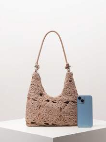 花卉镂空钩针编织单肩包、沙滩包、度假包、钩针套装、女士优雅包包、度假必备品、旅行必备品（图案随机） - 駝色 - 查看 3