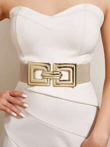 1 件米色弹性腰带，带大扣，优雅复古休闲搭配连衣裙、外套，适合日常、工作、约会、假日旅行秋季、秋季、万圣节 - 杏色 - 查看 9