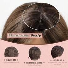 MLong Layered Brown Wigs With Bangs Long Wavy Wigs With Blonde Highlights 20 Inch Curtain Bangs Wigs For White Women Light Brown Synthetic Wig Hair Replacement Wig For Women Daily Party Cosplay Use8001 - 棕色高光 - 查看 4