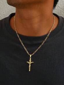 1 pieza Collar minimalista y elegante con cruz de Jesús para hombres, de estilo vintage, adecuado para exhibir la fe diaria, actividades y atuendos casuales - Amarillo Oro - Ver 2