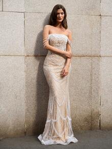 Faeriesty Đầm dạ hội đuôi cá sang trọng, thanh lịch dành cho nữ, đính sequin và hạt cườm, được tô điểm bằng dây đeo vai và dây xích đính cườm tinh xảo, họa tiết sequin hình quạt tuyệt đẹp và thiết kế lưng hở buộc dây | Đầm dạ hội sang trọng | Hoàn hảo cho các bữa tối trang trọng, đám cưới, dạ hội, tiệc tùng cao cấp và trang phục dự tiệc mùa hè mùa xuân - Rượu sâm banh - Xem 9