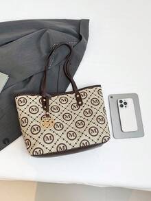 1 件白色复古花卉字母装饰金属五金 PU 手提包，大容量女士单肩包（金属吊坠左/右随机，不固定）