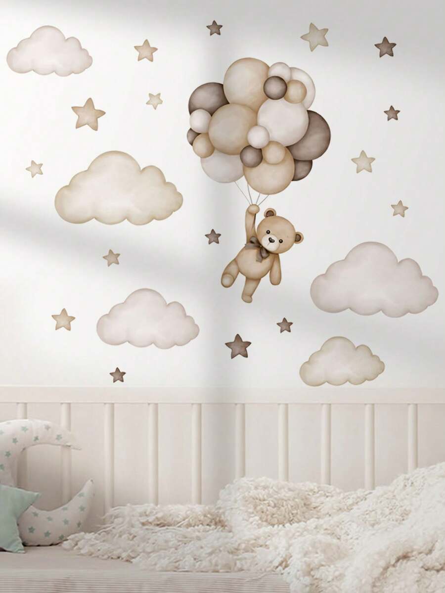 1pc 30*90cm PVC Removable Wall Sticker, Cartoon Bear Balloon Wall Decal, Suitable For Room, Bedroom, Living Room, Study, Dining Room, Home Decoration - Khaki - View 1