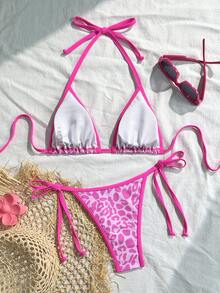 Women's Backless Leopard Print Patchwork Bikini Set (Top And Bottom), Casual Summer - Hot Pink - View 3