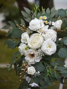 圣诞节经典花环两件套 - 人造白色花朵搭配塑料绿植装饰，适用于婚礼拱门、宴会厅及家居装饰 - 用途广泛，也可用于复活节、感恩节、情人节、家居装饰及新年礼物