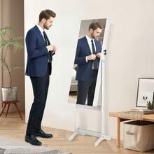 LILIIN Mobiletto portagioie e specchio 2 in 1, con specchio da appoggio, ripiano regolabile per gioielli, 152 x 39,5 x 36,5 cm, con serratura, specchio a figura intera, bianco/nero