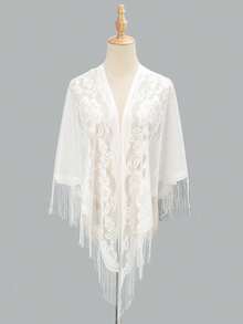 1 pieza Nuevo chal de encaje con flecos para mujer, pañuelo triangular de unicolor, ligero y transpirable, accesorio para vestido para boda, fiesta y dama de honor - Blanco - Ver 20