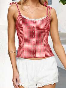 Women Plaid Camisole Slim Lace Trim Scoop Neck Tie-Up Spaghetti Strap Crop Shirts  Summer Streetwear - 紅色 - 查看 2