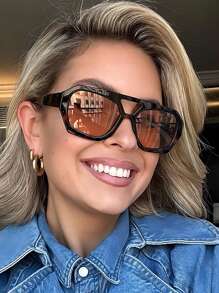 复古方形高端时尚眼镜，时尚经典装饰海洋镜片眼镜，适合日常佩戴、户外、旅行、海滩飞行员形状太阳镜 - 豹紋茶 - 查看 4