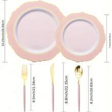 WDF Partyware 150Pcs Pink Gold Plastic Plates & Disposable Silverware, Pink Disposable Plates For Party Include 30 Dinner Plate,30 Dessert Plate,30 Knives,30 Forks,30 Spoons For Wedding Catering - 粉色 - 查看 2