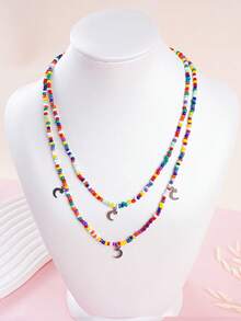 1 件不锈钢星星和月亮彩色串珠项链，波西米亚双层项链，适合女士日常佩戴 - 星星月亮 - 查看 4