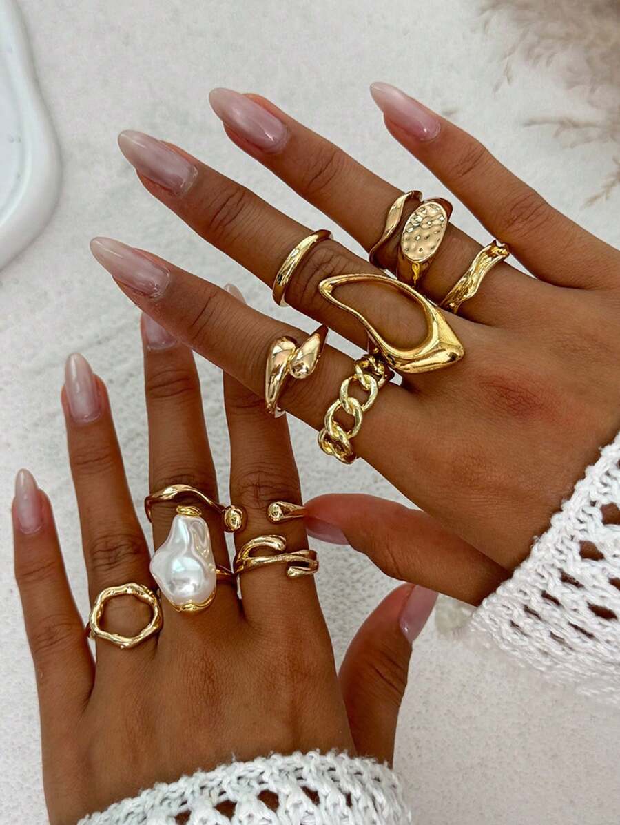 12 piezas Anillos de moda con perlas falsas de geometría suave y de gran tamaño, inspirados en el estilo vintage con tono dorado clásico para mujeres