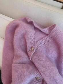 Casual Mohair Solid Color Knit Front Button Hollow Long Sleeve Sweater, Suitable For Everyday And Dates In Spring/Autumn - Purple - View 3