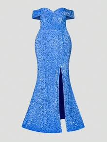 Faeriesty Đầm dạ hội cỡ lớn dành cho nữ, kiểu dáng đuôi cá, hở vai, đính sequin lấp lánh, thanh lịch, xẻ cao - Thích hợp cho các sự kiện thảm đỏ, đám cưới sang trọng, tiệc tùng lộng lẫy và các dịp trang trọng, trang phục nghỉ hè. - Màu xanh lam - Xem 10