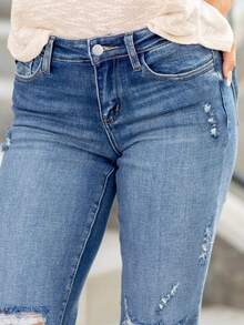 Women's Mid Rise Distressed Roll Cuff Jeans, Crafted From Premium Stretch Denim Fabric, Boasting Multiple Ripped Details, Classic Five - Pocket Design, And A Comfortable, Laid - Back Look