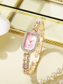 1 件女士手表新款女士复古风格方形小表盘水钻镶嵌设计钢表带奢华手表非常适合日常佩戴、生日礼物、派对、节日聚会，也是送给自己或朋友的理想礼物 - 粉色 - 查看 2