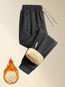 男士保暖内衬裤，可调节抽绳腰带，侧边口袋，锥形裤型，适合通勤/徒步旅行 - 黑色 - 查看 2