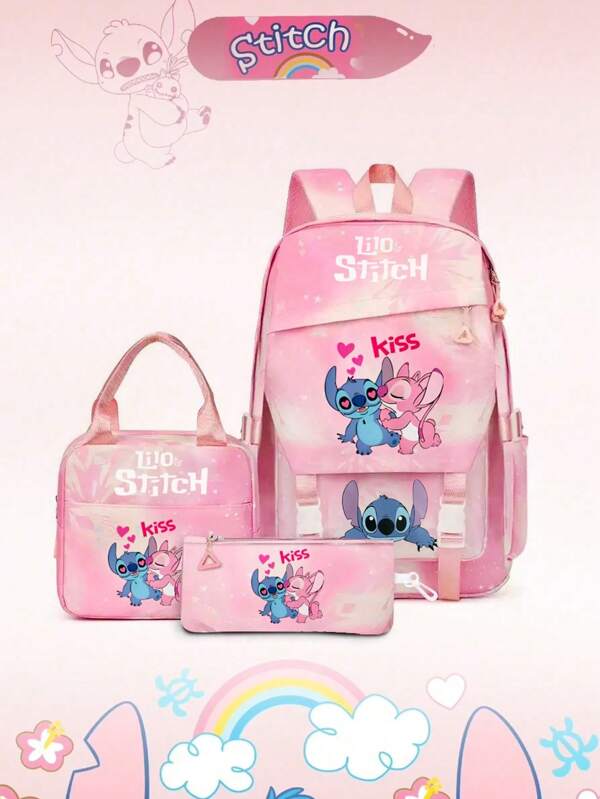 Disney 3D Printing Stitch Pencil Bag Backpack Shoulder Bag, Stitch Starry Sky Animation Peripheral Children's Bag Three Pieces Set For School Travel Christmas Gift Large Capacity Makeup Organizer Makeup Case, For Lipstick, Brush, Skincare, Mobile Phone, Coin, Small Items, For Home,Gift,Vacation And Festival Halloween Christmas Multifunctional Use
