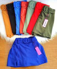 Women's Short Skirt With Lined Belt, Side Slit, High Waist, Short Crepe Knit - Blue Bic - View 6