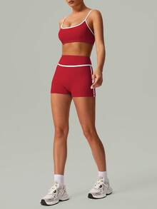 春夏女款 2 件套運動瑜伽跑步內衣與短褲套裝 紅色 - 紅色 - 查看 7