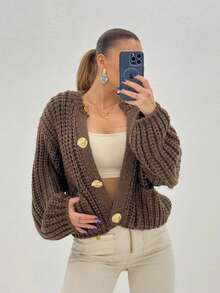 GDDYIN Áo khoác dệt kim màu trơn có túi cài nút cho nữ vào mùa thu - Màu nâu  Mocha - Xem 8