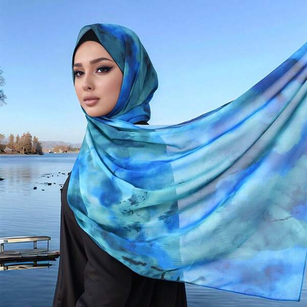 Tie-Dye Chiffon Digital Print Long Scarf, Muslim Women's Fashion Lightweight Comfortable Head Scarf, Head Scarf Women, Bandanas For Hair, Silk Scarf, Stylish Shawl, Rave Accessories