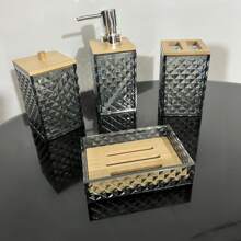 4 pezzi Set di accessori da bagno eleganti blu geometrici - Comprende dispenser per sapone, porta spazzolino, bicchiere per spazzolino, bottiglia per lozione e scatola colorata - Perfetto come regalo di inaugurazione della casa, set di decorazione per il bagno | Decorazione bagno moderna | Organizer da bagno con finitura lucida in scatola regalo