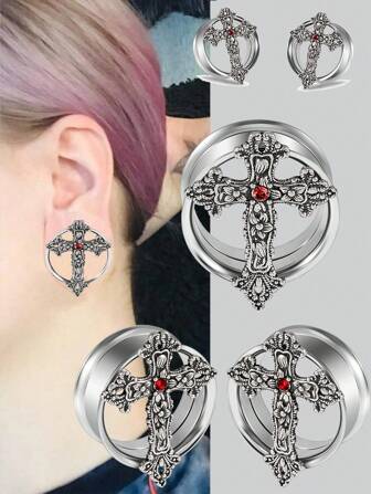 1 paire de bouchons d'oreille en acier inoxydable à double collerette avec croix en zircone rouge punk, épée et fleur avec goutte d'huile noire. Renforçateur de filetage pour l'expansion des tunnels d'oreille