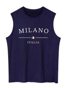 Men's Casual Letter & Heart Print Round Neck Tank Top - Navy Blue - View 1