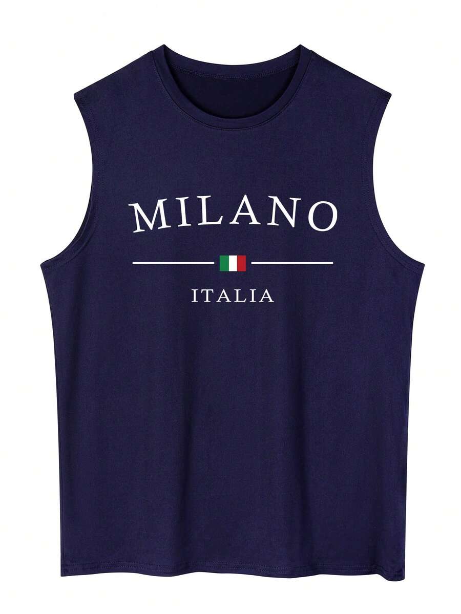 Men's Casual Letter & Heart Print Round Neck Tank Top - Navy Blue - View 1