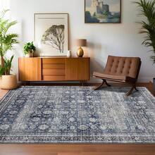 Washable Rugs For Living Room Vintage Rugs With Non-Slip Backing, Low Pile Stain-Resistant Distressed Oriental Carpet, Indoor Foldable Floral Print Floor Covering For Bedroom - Blue - View 4
