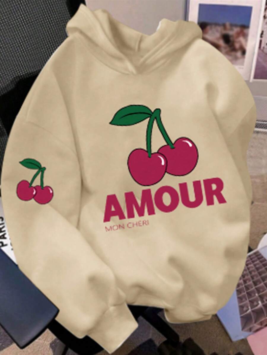 1pc Teen Girl Casual & Cute Cherry Print Graphic Hooded Sweatshirt, Long Sleeve Sweatshirt, Back To School - Apricot - View 1