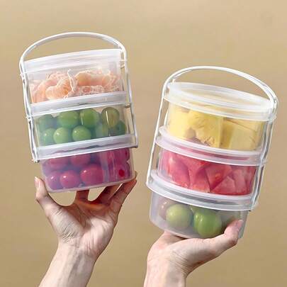 2100 ml Recipiente de plástico redondo de tres capas con asa, caja grande portátil para mantener frescos los alimentos, apilable, resistente al frío y al calor, caja sellada para refrigerador, almacenamiento y organización de alimentos en la cocina, adecuado para estudiantes y adultos en la escuela, oficina, campamento al aire libre, picnic, viaje