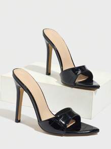 女士高跟穆勒凉鞋，时尚高端细高跟尖头中跟户外夜店鞋，采用石纹材质，性感一脚蹬设计，黑色 - 黑色 - 查看 7