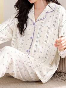 AICJ 2 件套棉质休闲宽松条纹印花长袖上衣和裤子睡衣套装，适合春秋冬季保暖秋季衣服 - 白色 - 查看 3