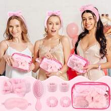 7/14/42pcs/Set Pink Spa Sleepover Party Favors,Included 6 Pink Spa Headband 6 Plush Sleep Eye Mask 6 Velvet Scrunchies 6 Wristband 6 Hair Brush 6 Clear Cosmetic Bags For Slumber Party Favor Gift, Wedding, Bachelorette, Bridal Shower Gifts - Pink - View 5