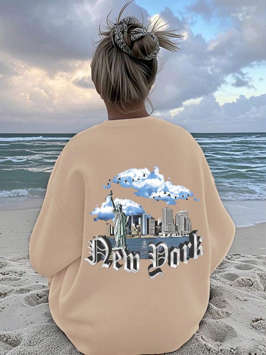 女士Curve oversize純色圓領運動衫，紐約城市景觀印花設計，休閒風格，寬鬆剪裁，柔軟舒適，適合日常穿著，春秋裝，理想禮物，靈感源自海灘場景，棉質女士上衣，春夏裝假期度假，適合戶外運動服裝，秋冬季居家 日常休閒女裝，情侶款 - 杏色 - 查看 1