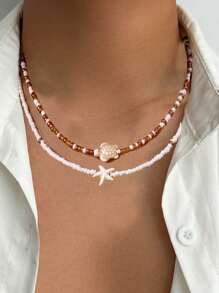 2pcs/Set Men's Summer Coconut Wooden Bead Niche Versatile Hip-Hop Personalized Double Pendant Necklace