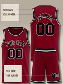 2pcs Personalized Men's Basketball Jersey Set- Customized Name,Number Print Gradient Tank Top+Shorts Sports Set For Team Training &Casual Wear Spring Summer Autumn Red - Burgundy - View 2