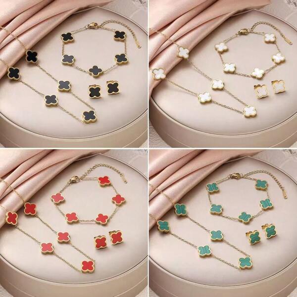 4pcs/Set Clover Shell Lucky Four-Leaf Flower Bracelet, Earrings, Pendant, Necklace Jewelry Set