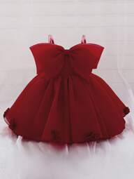 Baby Girls Spaghetti Strap Bow Organza Cute Flower Girl Princess Dress, Suitable For 1st Birthday, Wedding, Party, Does Not Include Headband
