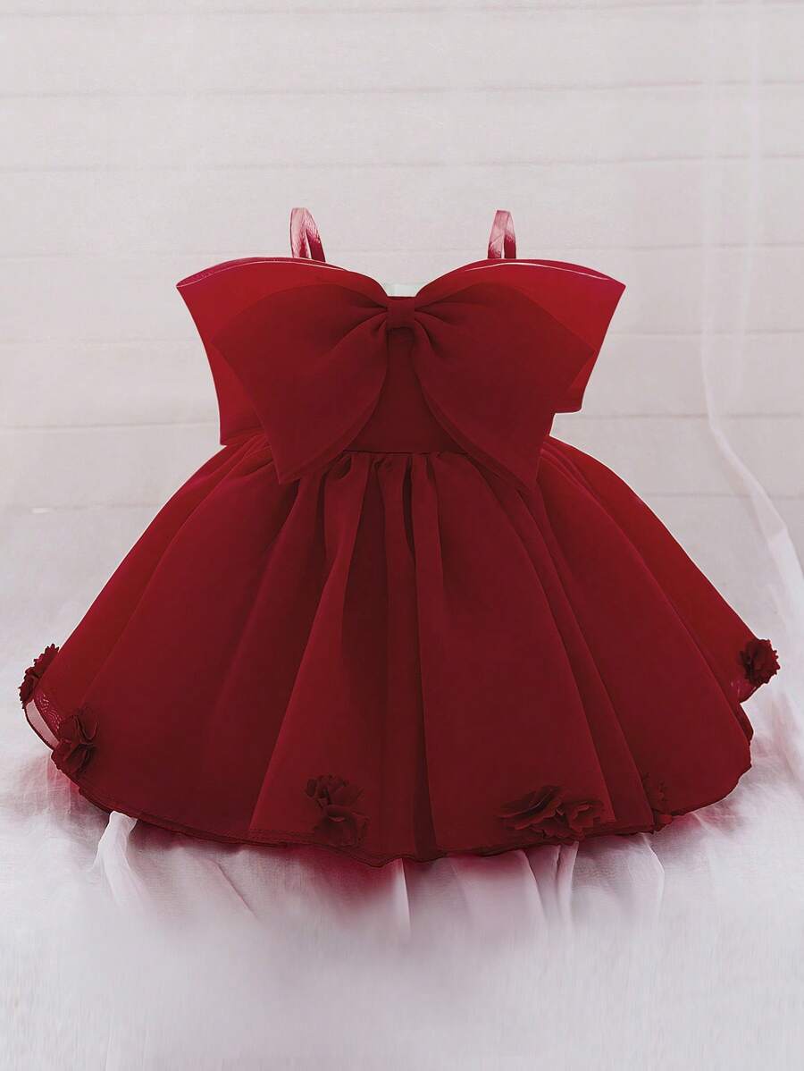 Baby Girls Spaghetti Strap Bow Organza Cute Flower Girl Princess Dress, Suitable For 1st Birthday, Wedding, Party, Does Not Include Headband - Burgundy - View 1