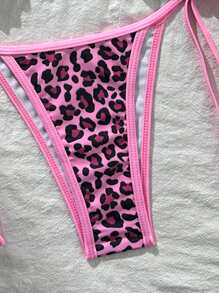 Women's Backless Leopard Print Patchwork Bikini Set (Top And Bottom), Casual Summer - Dark Pink - View 5
